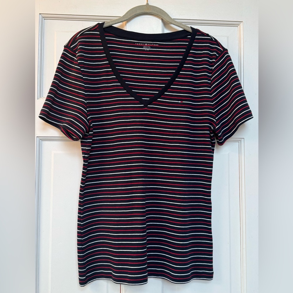 Tommy Hilfiger Women's Striped V-Neck Top - Navy, Red And White